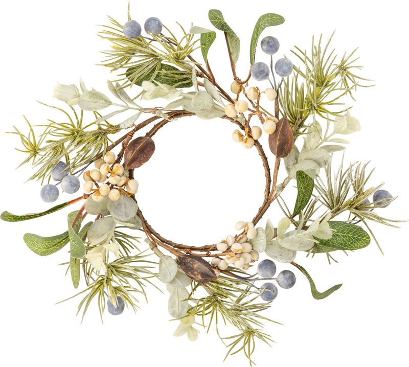 Small candle ring. Small blue berries with greenery and cream colour accents, 3.5 in inner, 7 in total  12
