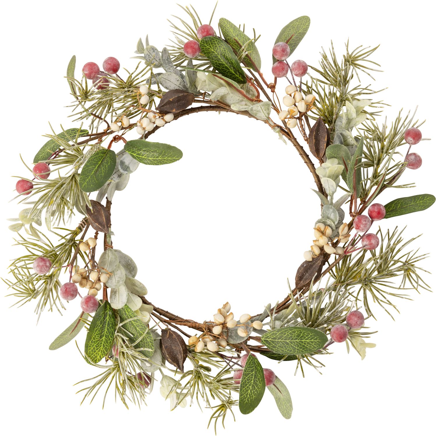 Medium size candle ring. Small red berries with greenery and cream colour accents, 5.9 in inner, 9.8 in total  6