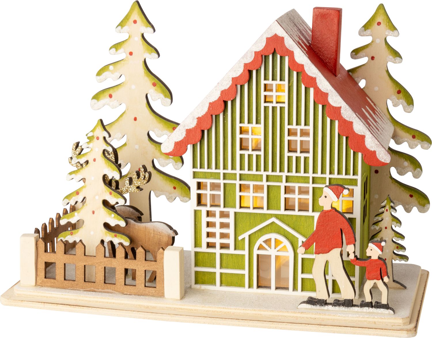 Painted green and white house with fenced yard, man &amp; child, 9x6.5 in  2