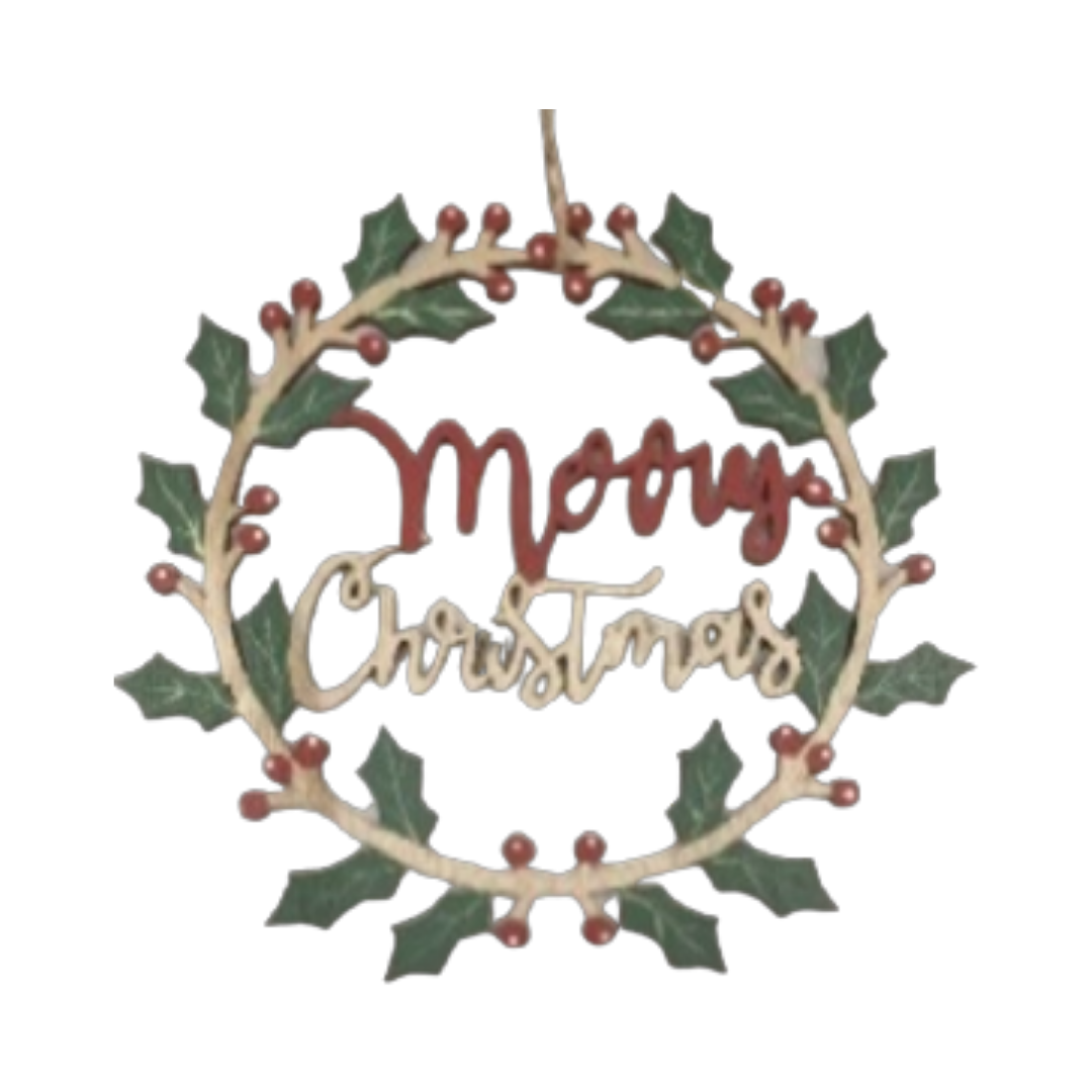 Wooden Merry Christmas holly wreath, 8.75 in  6
