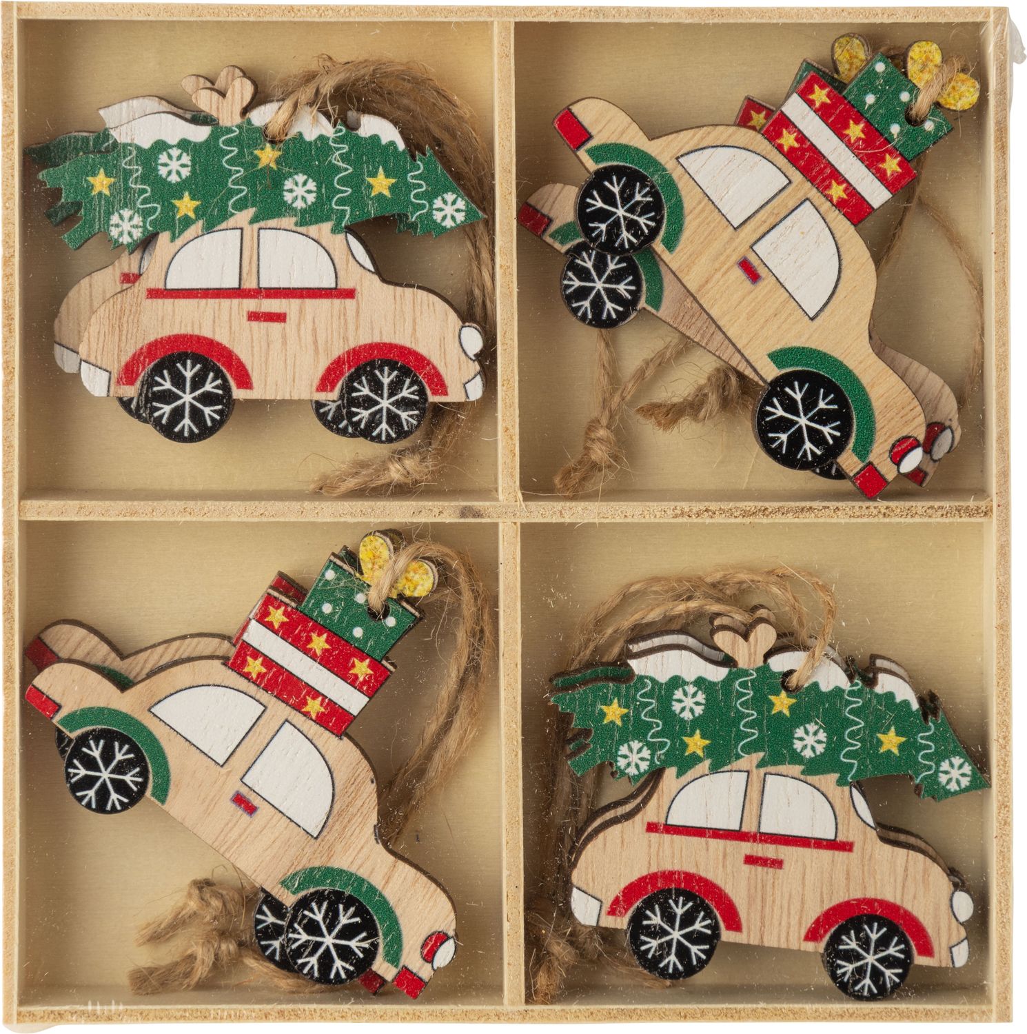 Set of 8 painted wood mini car decorations, each, 2 in  6