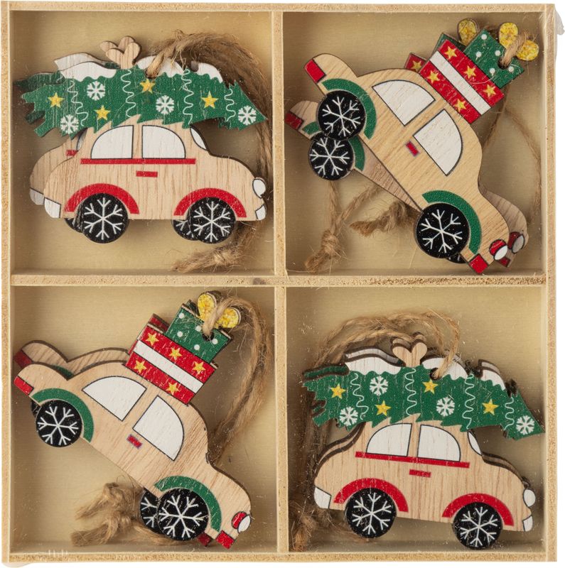 Set of 8 painted wood mini car decorations, each, 2 in  6