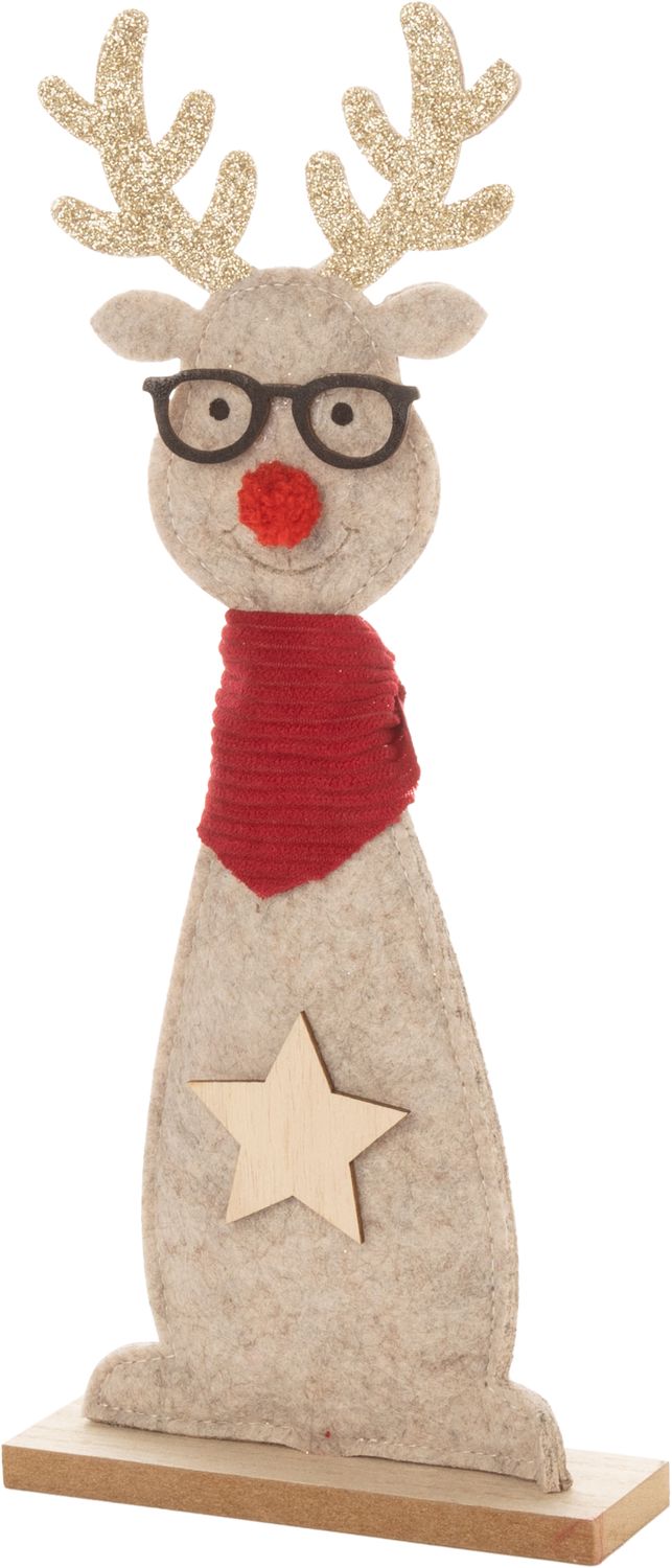 Felt reindeer with glasses table top decoration, beige with red scarf and nose, 12 in  6