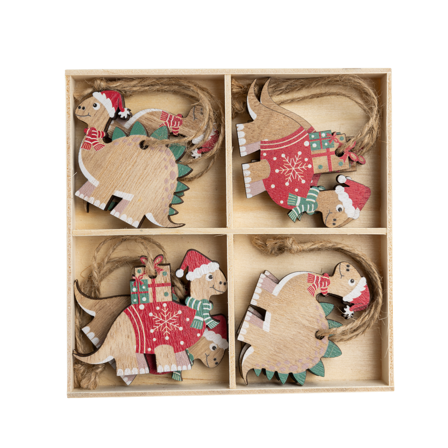 Set of 8 painted wood mini dino decorations in wood keepsake box, 2 styles, ea ornament approx 2 in  6