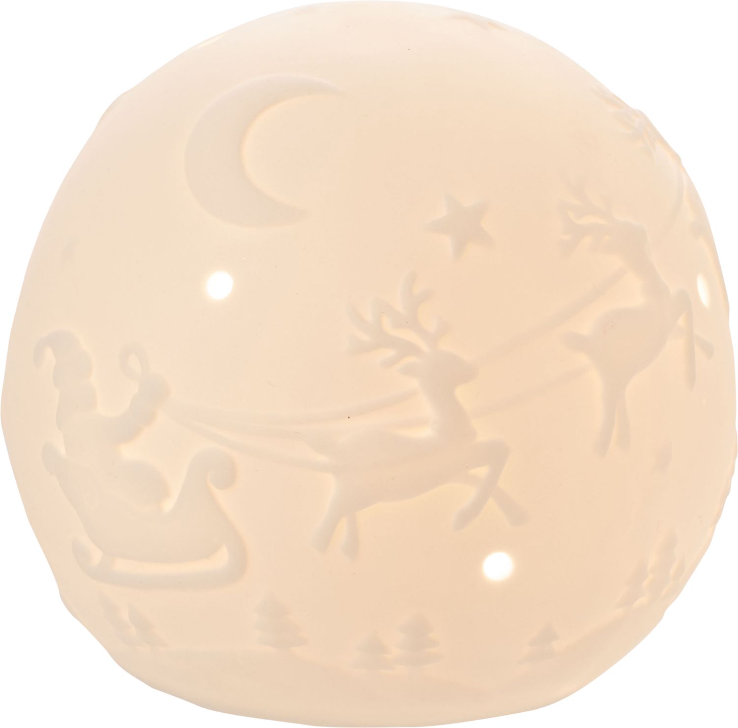 Bisque finish ceramic globe, flat bottom table top piece with Santa and Reindeer scene, LED, 4.5 in  4