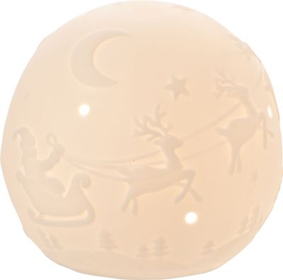 Bisque finish ceramic globe, flat bottom table top piece with Santa and Reindeer scene, LED, 4.5 in  4