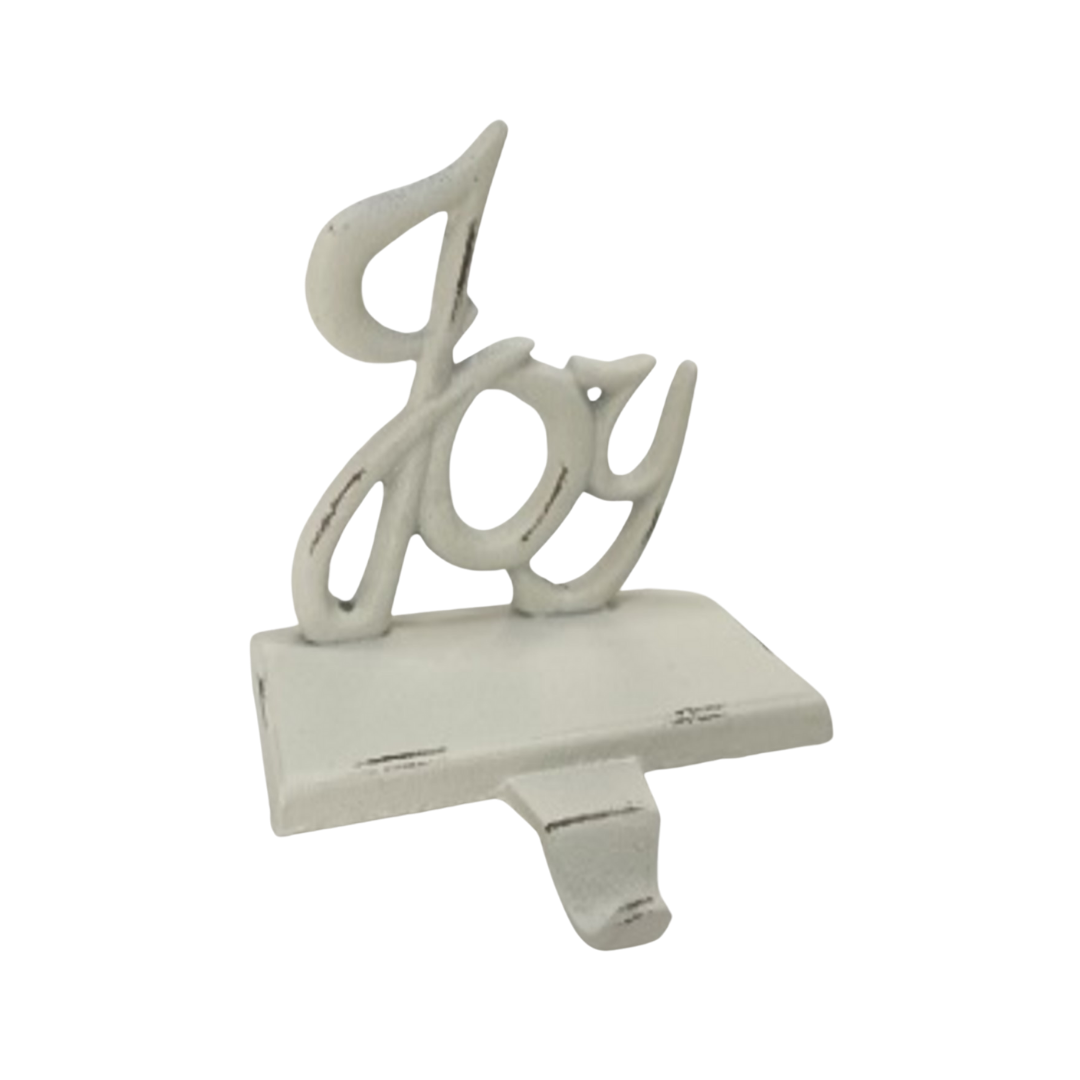 Cast iron JOY stocking holder, antique white finish, 7x5 in  3