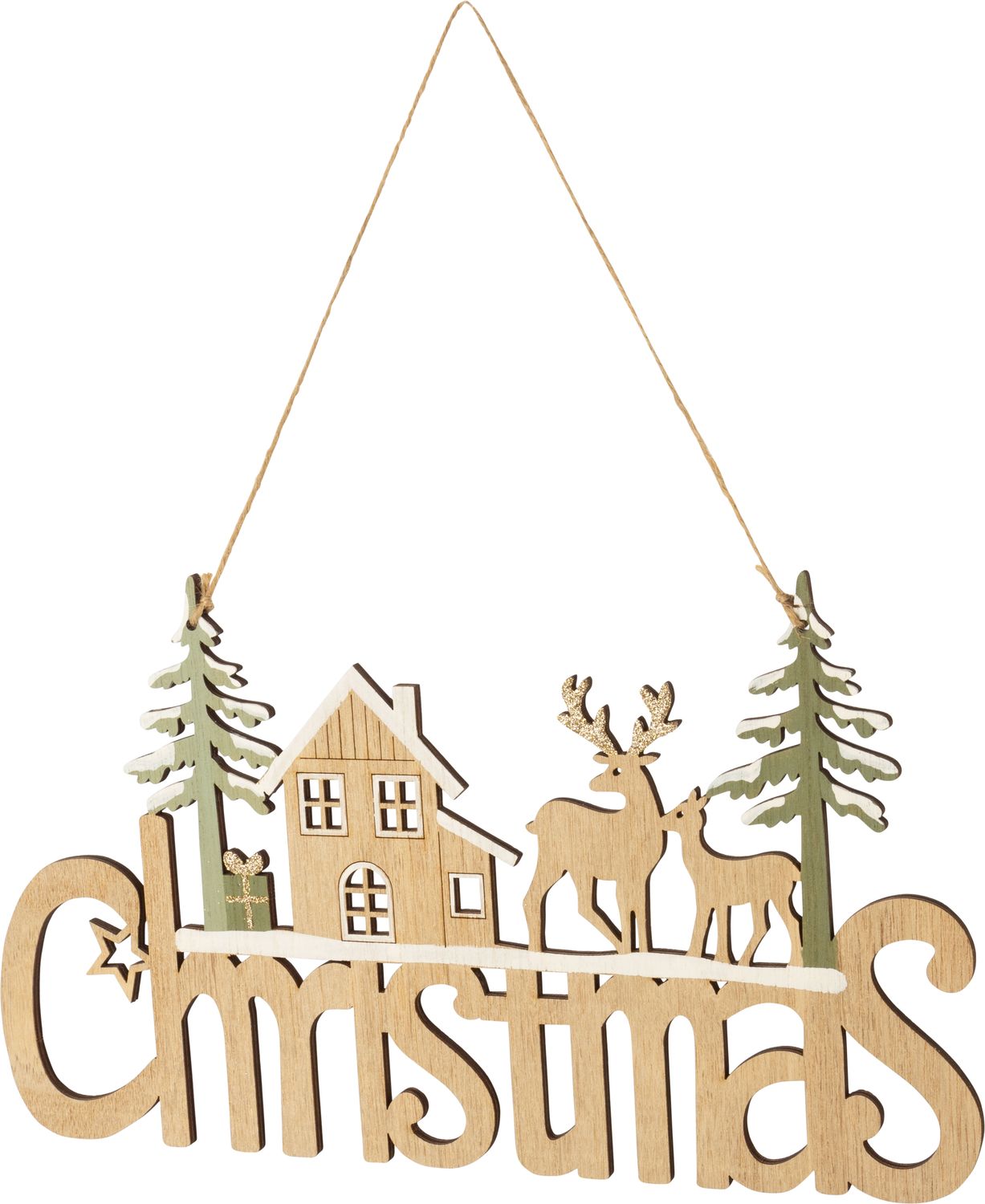 Laser cut wood Christmas banner, house and deer scene, 7x12 in  6