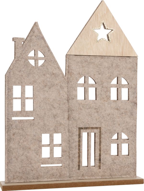 Felt house table top decoration on wood base with wood top and glittered star detail, 12 in  6