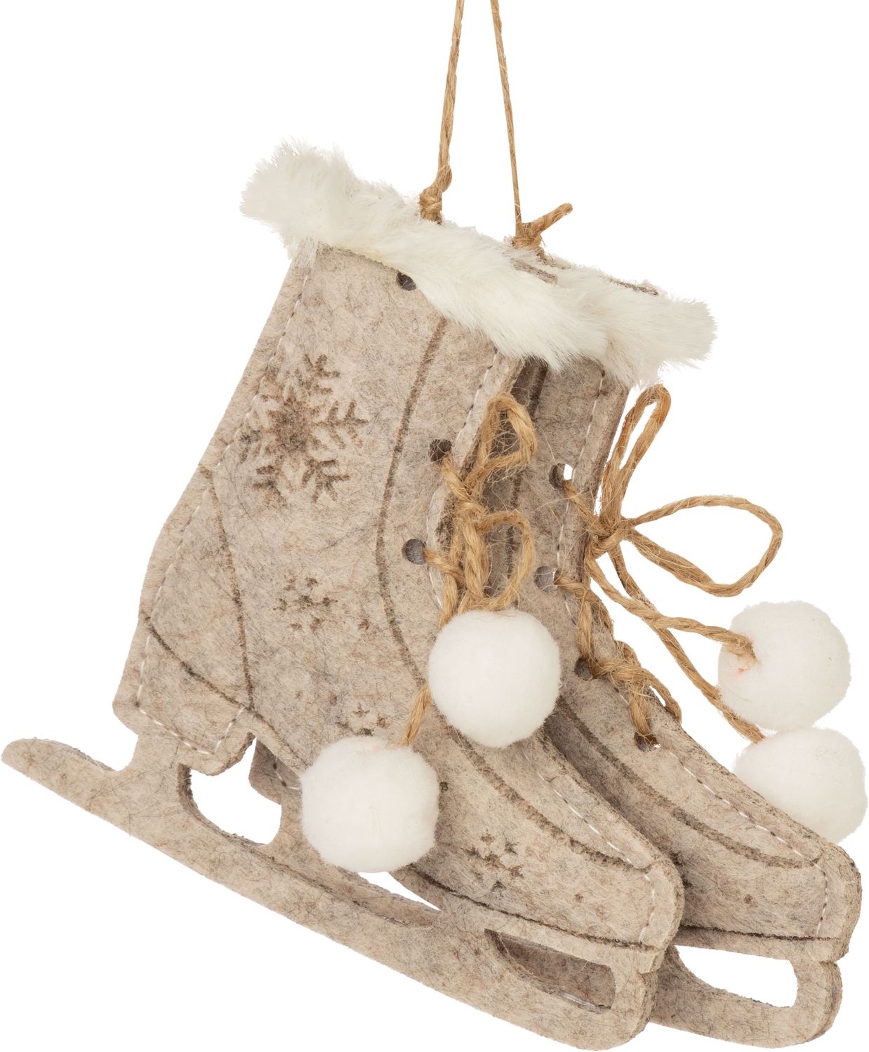 Embossed felt pair of skate ornament, beige with white trim, 4 in  12