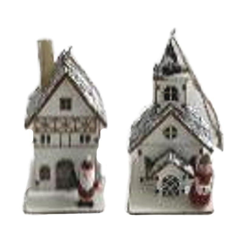 2 Asst&#39;d printed wood house and church ornaments, 4 in  12
