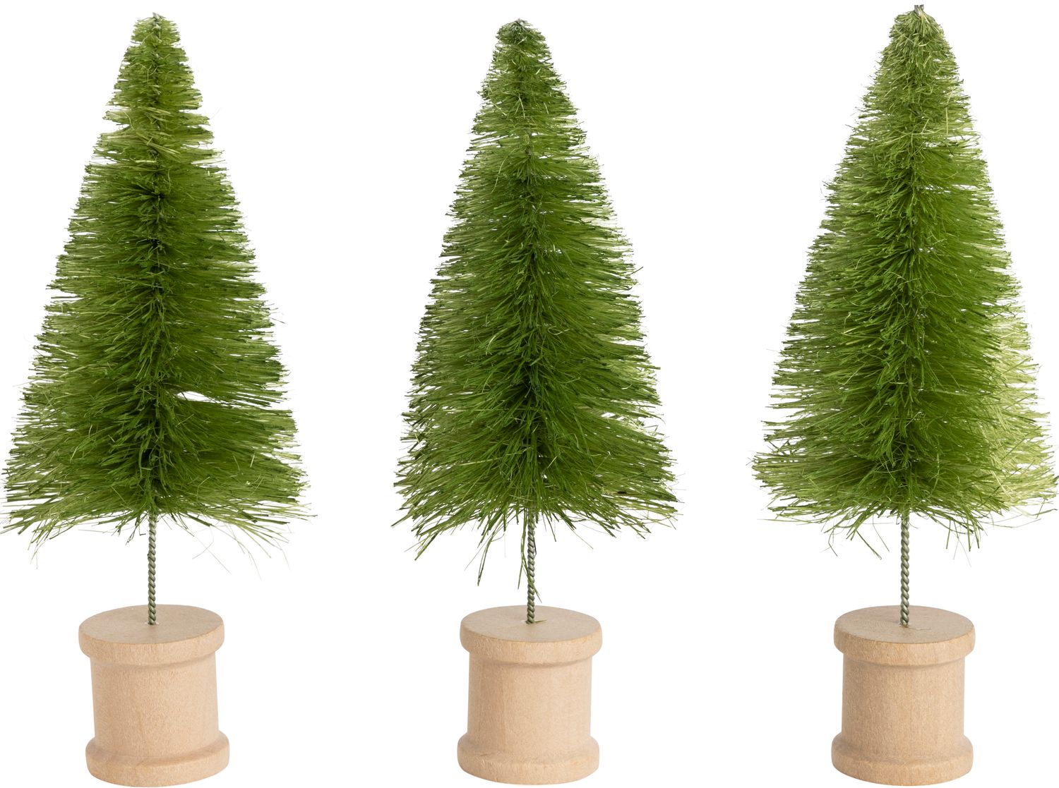 Set of 3 natural bristle mini tree on wooden spool base, extended trunk, dyed green, 7.5 in  4