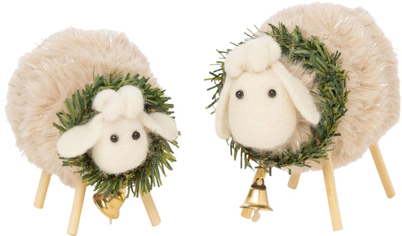 Set of 2 plush sheep table top decorations, wreath and bell decorations, 3.5+4 in  4