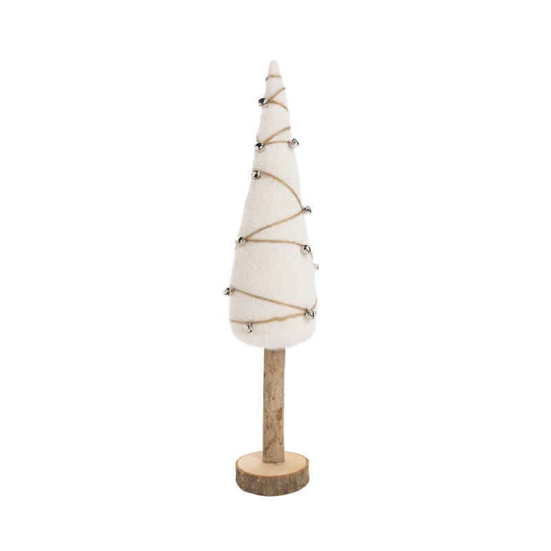 Fluffy knit fabric cone tree on wood base, white with jute cord and silver bell garland, 18 in  4