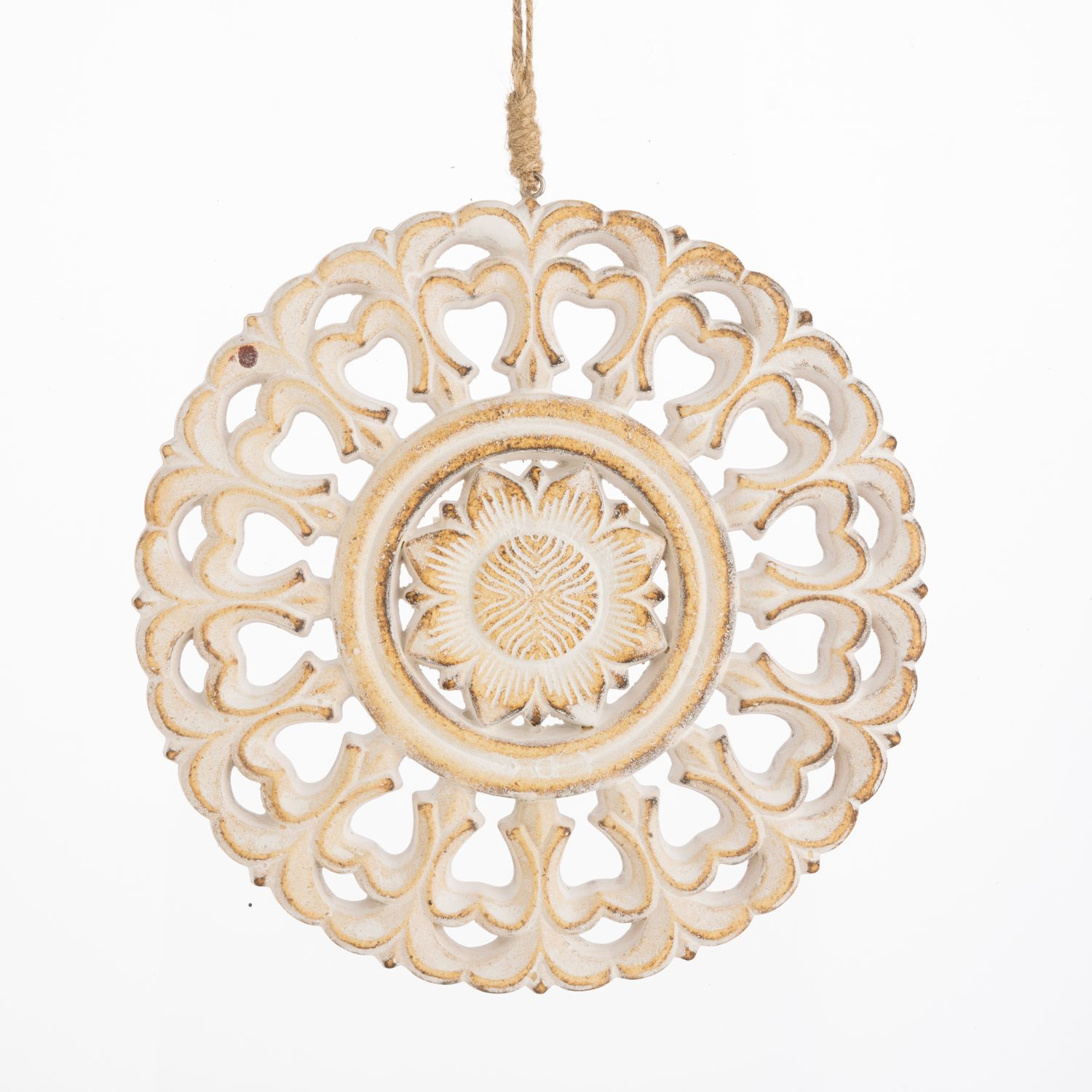 Pressed wood mandala ornament or wall decoration, white wash finish, 12 in  12