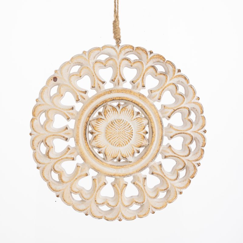 Pressed wood mandala ornament or wall decoration, white wash finish, 12 in  12