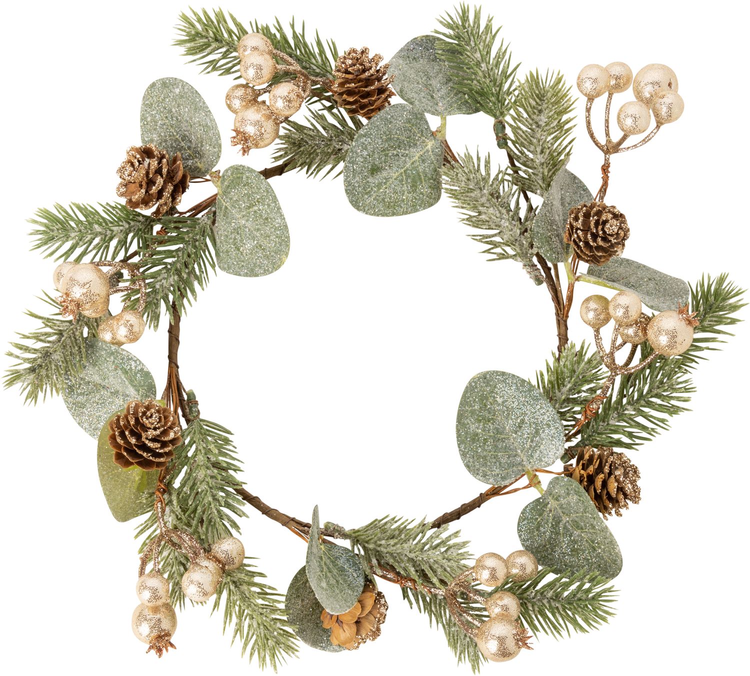 Medium size candle ring. Champagne gold berries, greenery and pine cones glittered, 5.9 in inner, 9.25 in total  6