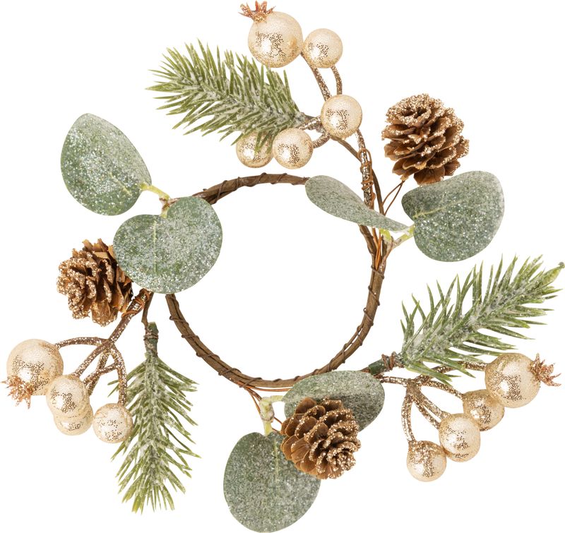 Small candle ring. Champagne gold berries, greenery and pine cones, glittered, 2.4 in inner, 4.75 in total  12
