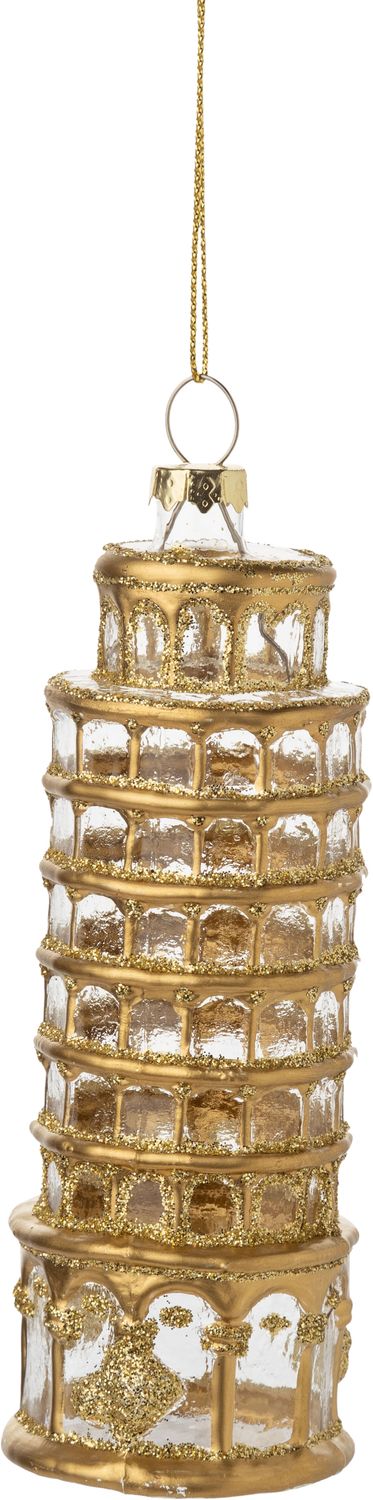 Glass Leaning tower ornament, clear with fine gold detail, 5 in  6