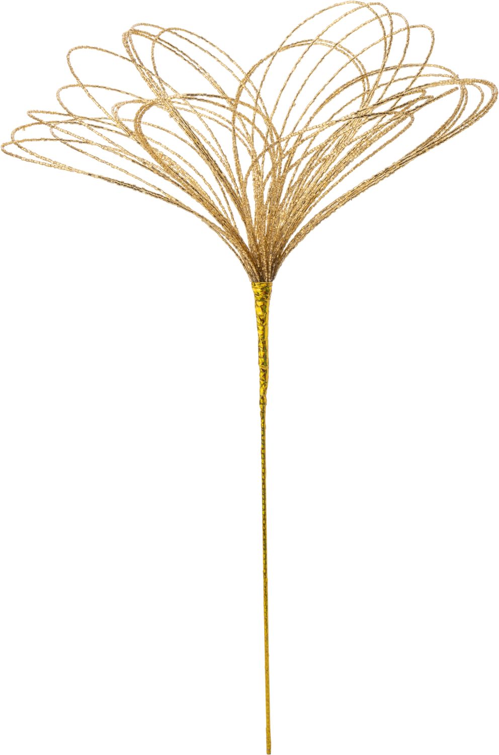 Beaded floral pick on large loop petals, folds flat, gold, open 12 in dia, long 21 in  6