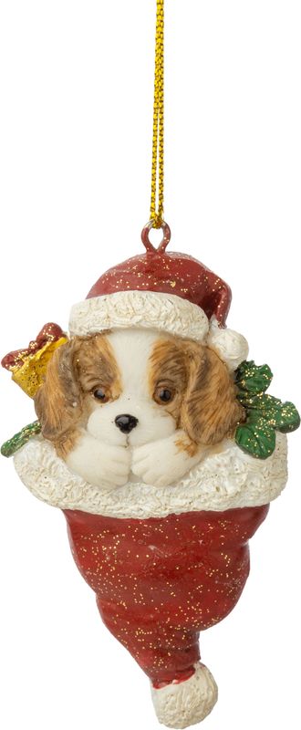 Painted resin puppy in Christmas hat ornament, red, 3 in  12
