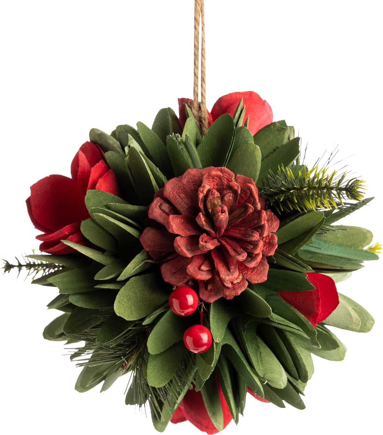 Green and red ball ornament, red and green floral decs, 5.5 in  8