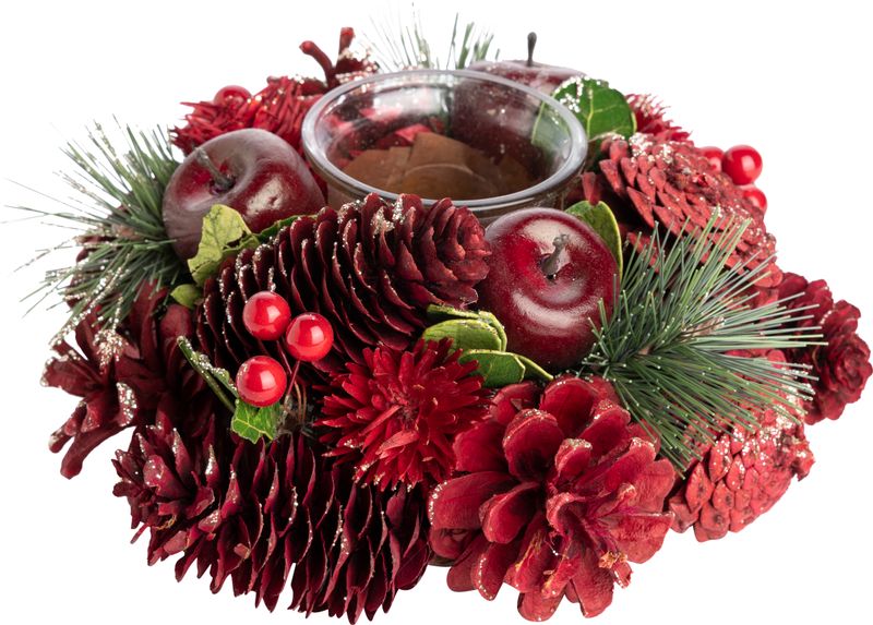 Round votive holder center piece, pine boughs and pine cones, red and green floral decs, 7 in  4