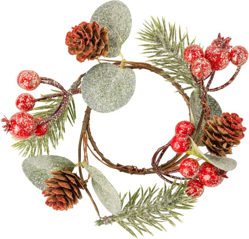 Small candle ring. Red  berries, greenery and pine cones, glittered, 2.4 in inner, 4.75 in total   12