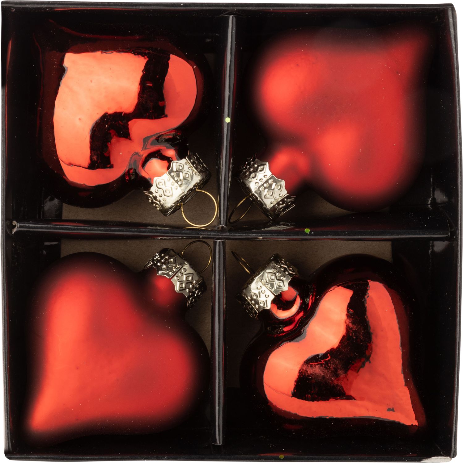 Set of 4 glass heart ornaments, matte and shiny red, 2 in hearts  12
