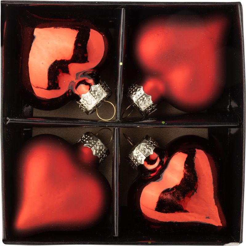Set of 4 glass heart ornaments, matte and shiny red, 2 in hearts  12