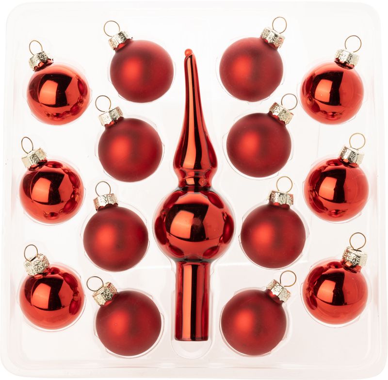 Set of 14 mini glass balls and mini glass tree topper, red. 1 in balls and 5 in topper  12