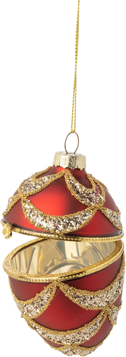 Glass trinket holder ball, matte black red with gold and silver glitter swags, gold metal hinge, 80mm/3.5 in  6