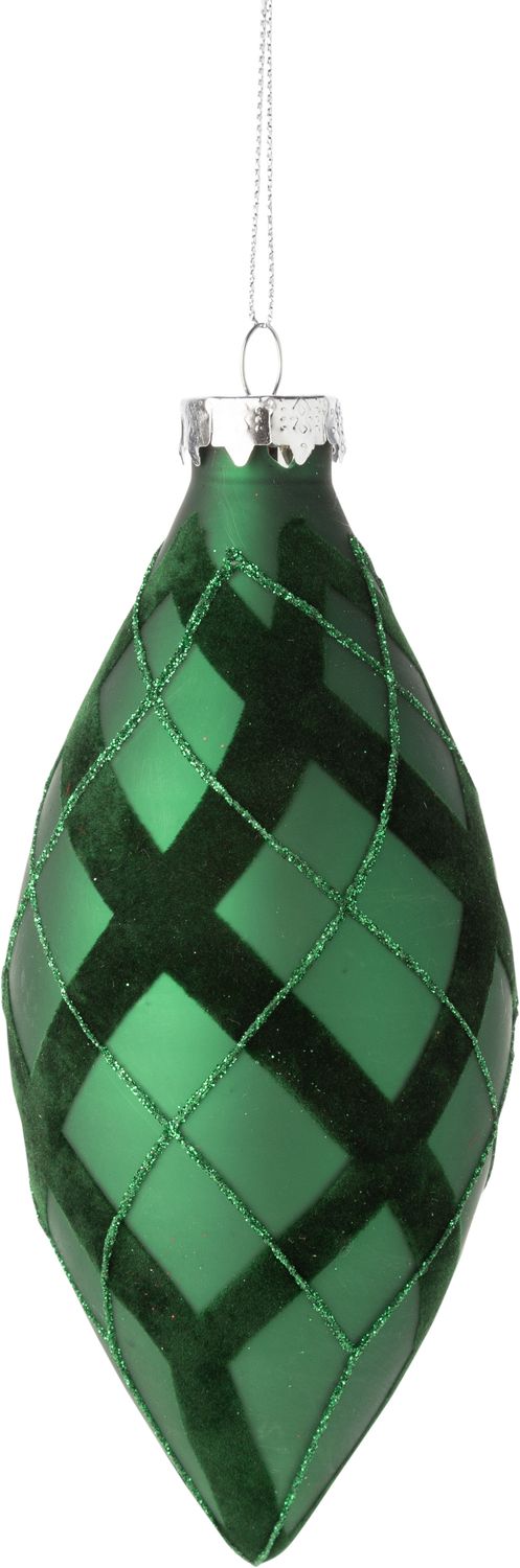 Glass Finial ornament, matte green with matching flock and glitter diagonal bands, 7 in  12