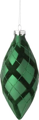 Glass Finial ornament, matte green with matching flock and glitter diagonal bands, 7 in  12