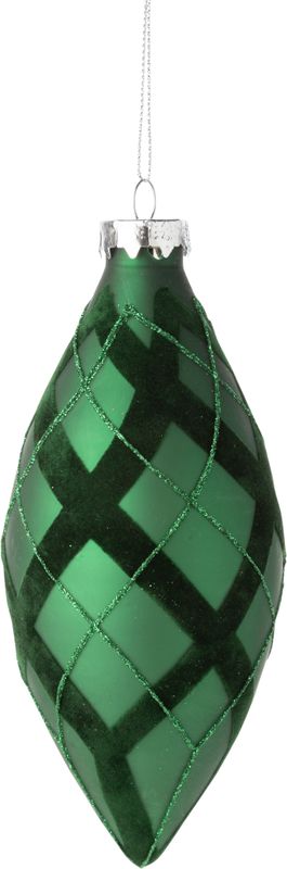 Glass Finial ornament, matte green with matching flock and glitter diagonal bands, 7 in  12