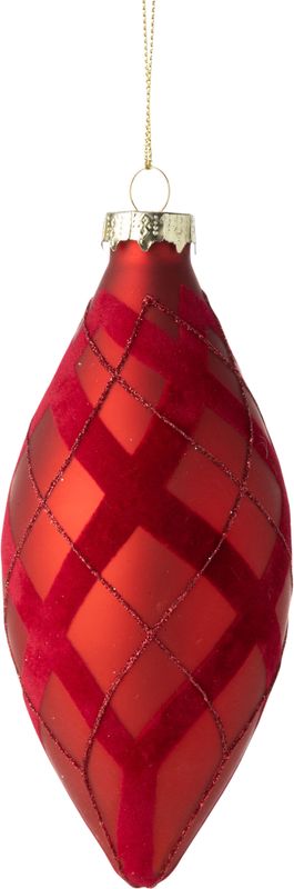 Glass Finial ornament, matte red with matching flock and glitter diagonal bands, 7 in  12