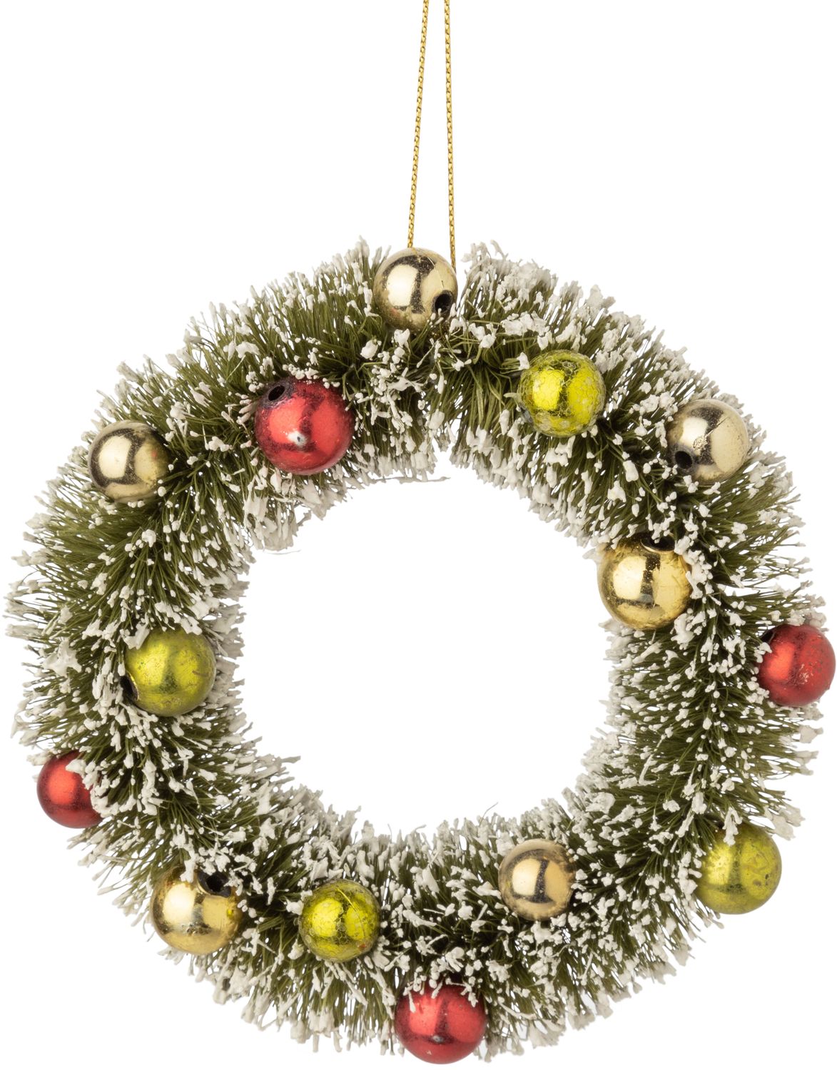Bristle mini wreath ornament, green with white tips, red and gold ornaments, 4.5 in  8