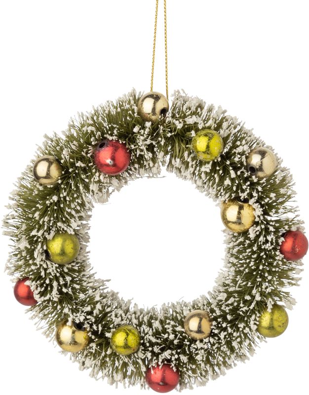 Bristle mini wreath ornament, green with white tips, red and gold ornaments, 4.5 in  8