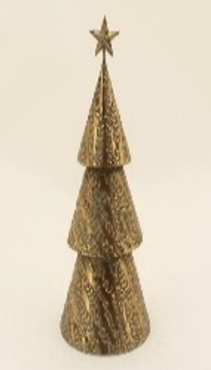 Antique gold tiered metal cone tree with embossed branch pattern, star top, 16 in  2