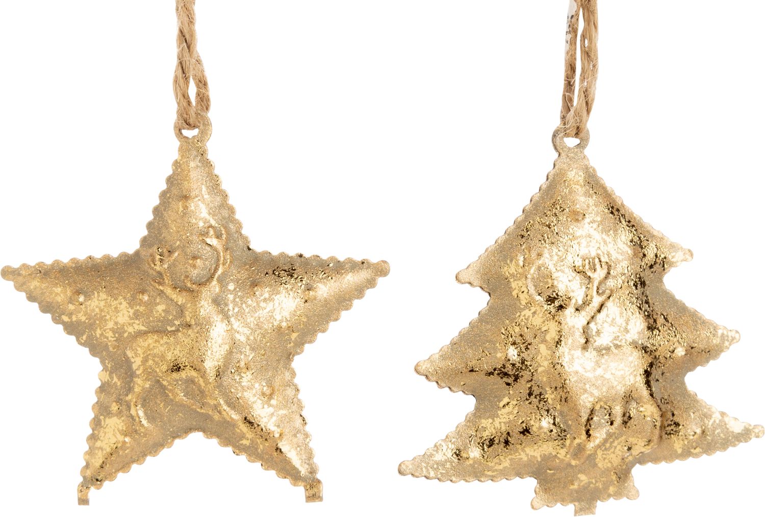 2 Asst&#39;d antique gold foil embossed metal tree and star ornaments, deer scene, 1.5 in  24 -Z08 -25NP -S04/25