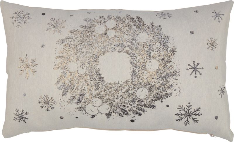 Linen coloured zippered rectangular cushion cover with printed wreath and snowflake pattern, pillow insert included, 12x20 in  6