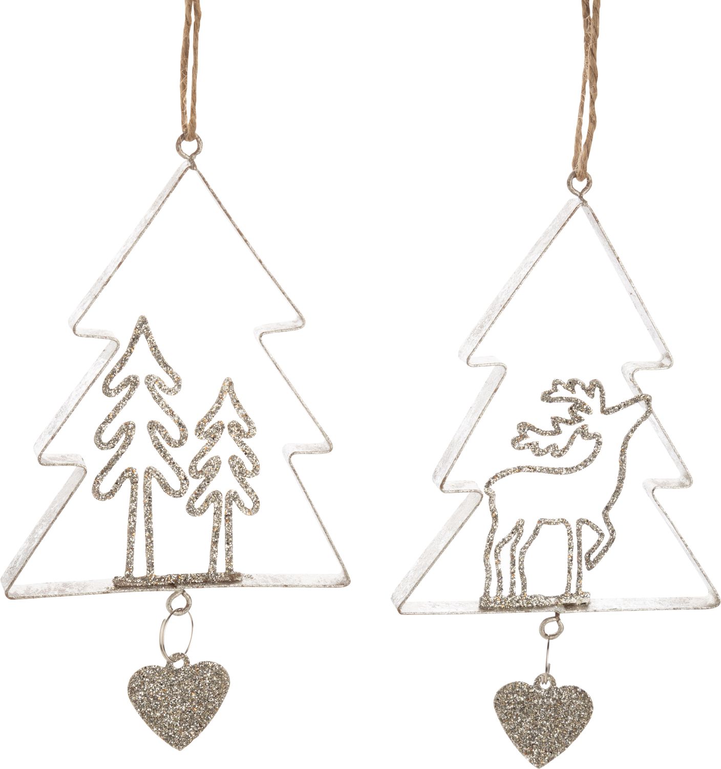 2 Asst&#39;d silver glittered metal tree frame ornaments, deer scenes, 4.5 in   12