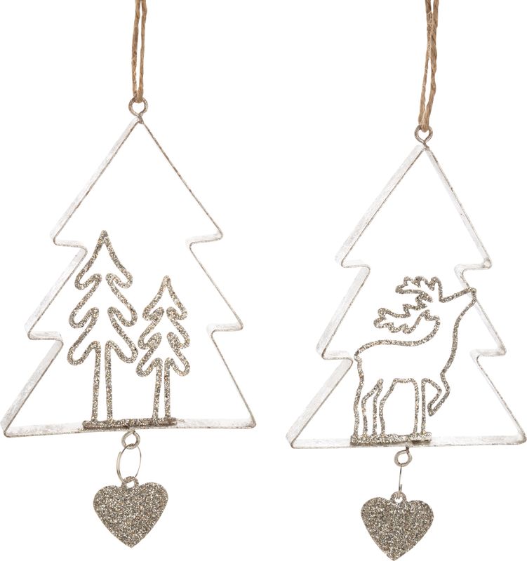 2 Asst&#39;d silver glittered metal tree frame ornaments, deer scenes, 4.5 in   12