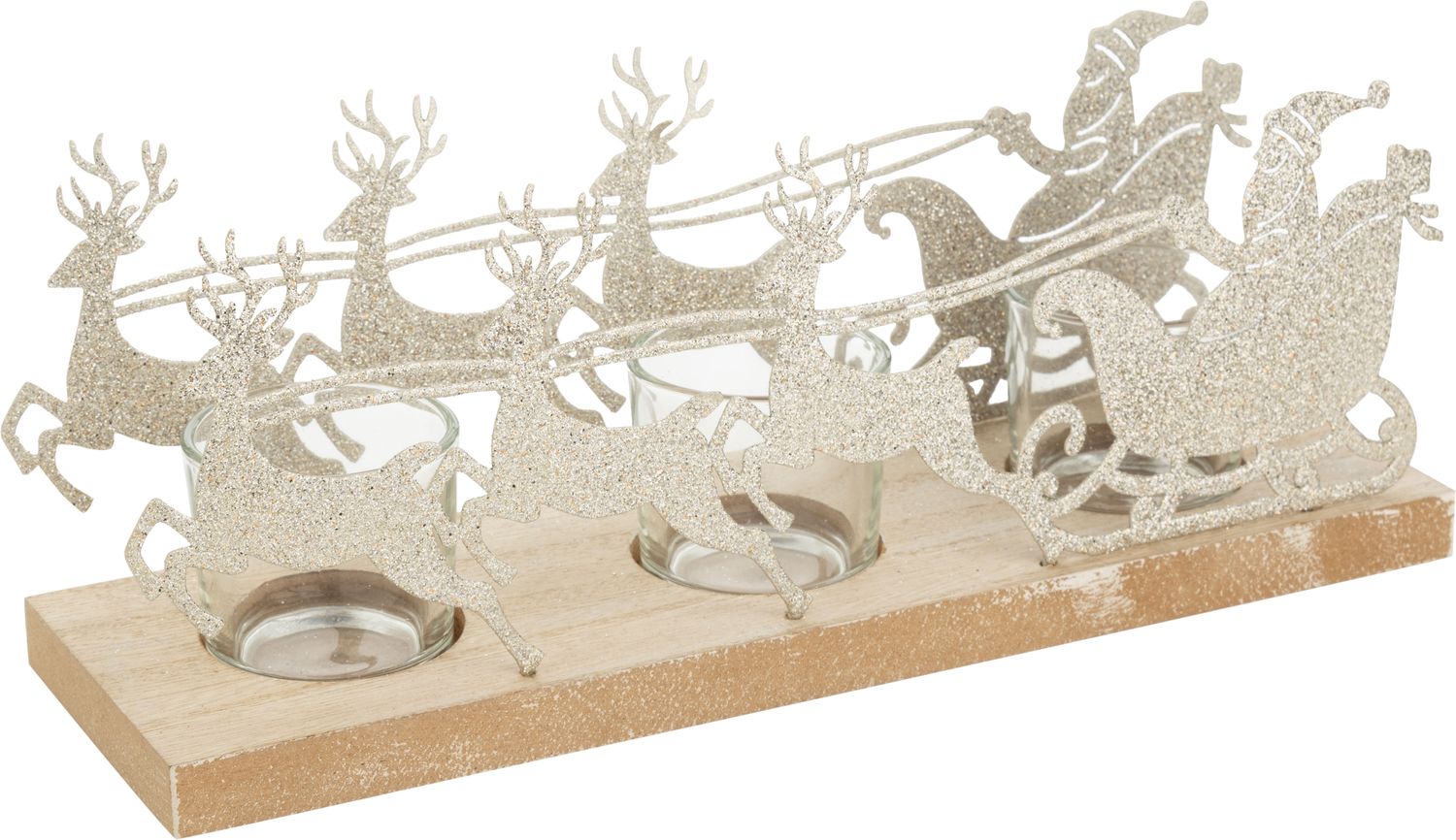 Silver glittered metal Santa in sleigh with reindeer votive holder, 3 glass holders, 2 sided, 11 in  2