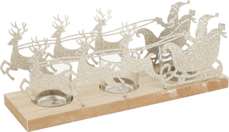 Silver glittered metal Santa in sleigh with reindeer votive holder, 3 glass holders, 2 sided, 11 in  2