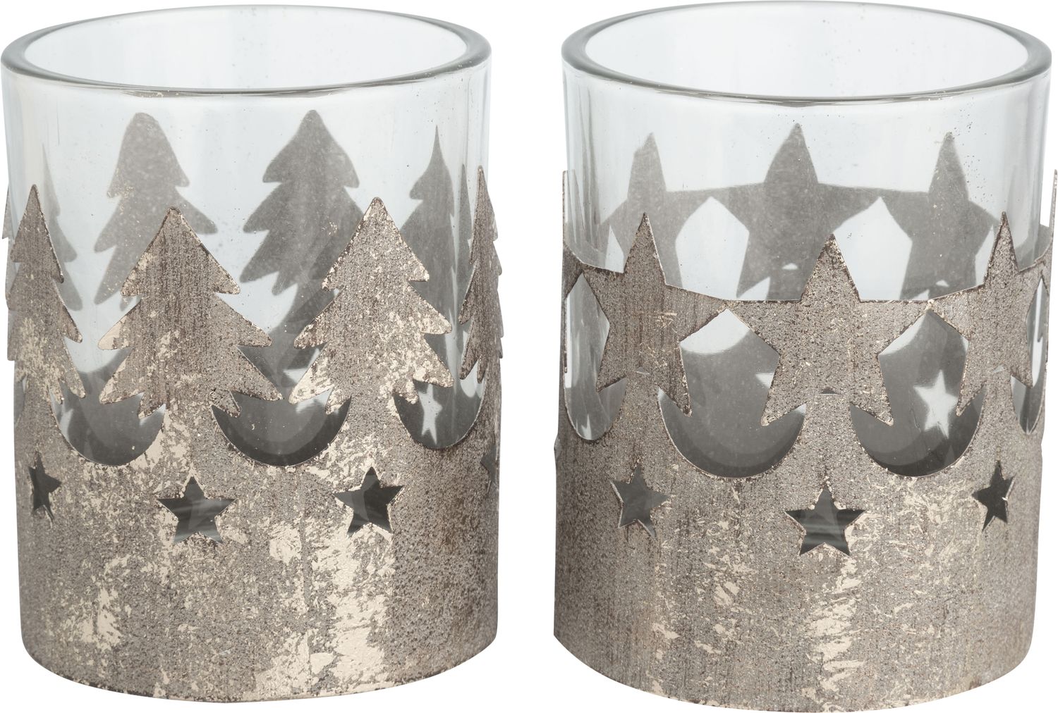 2 Asst&#39;d antique silver foiled metal pillar holders with glass inserts, Tree and star motifs, 3 in  8