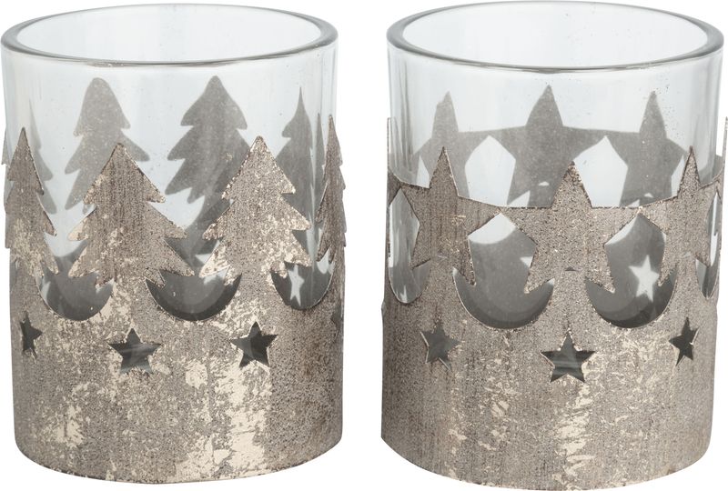 2 Asst&#39;d antique silver foiled metal pillar holders with glass inserts, Tree and star motifs, 3 in  8