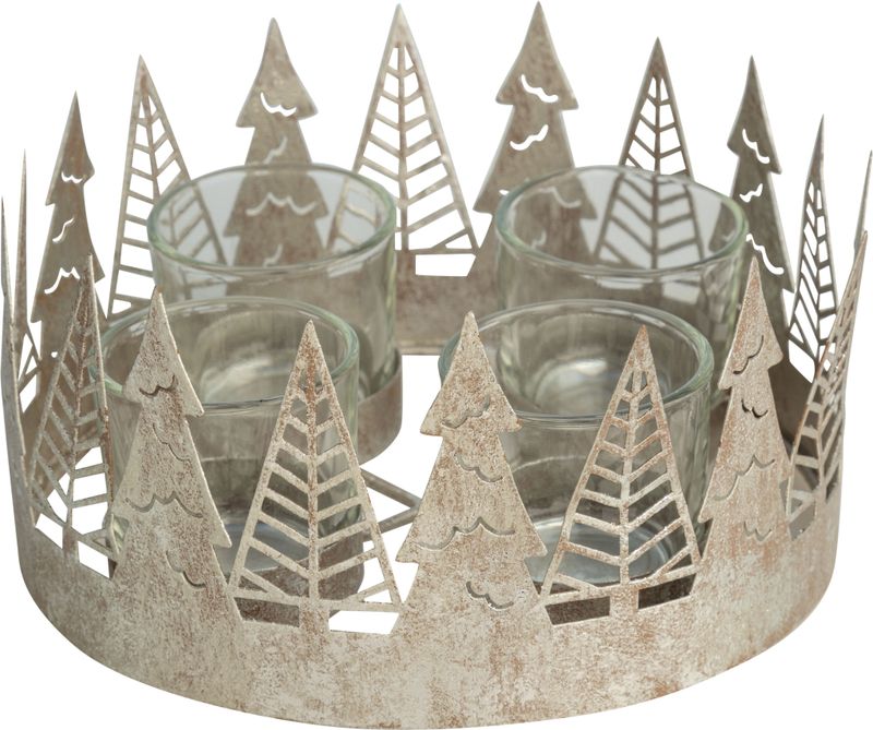 Silver foiled metal candle ring with 4 glass votive holders, modern tree pattern, 6.5 dia  2