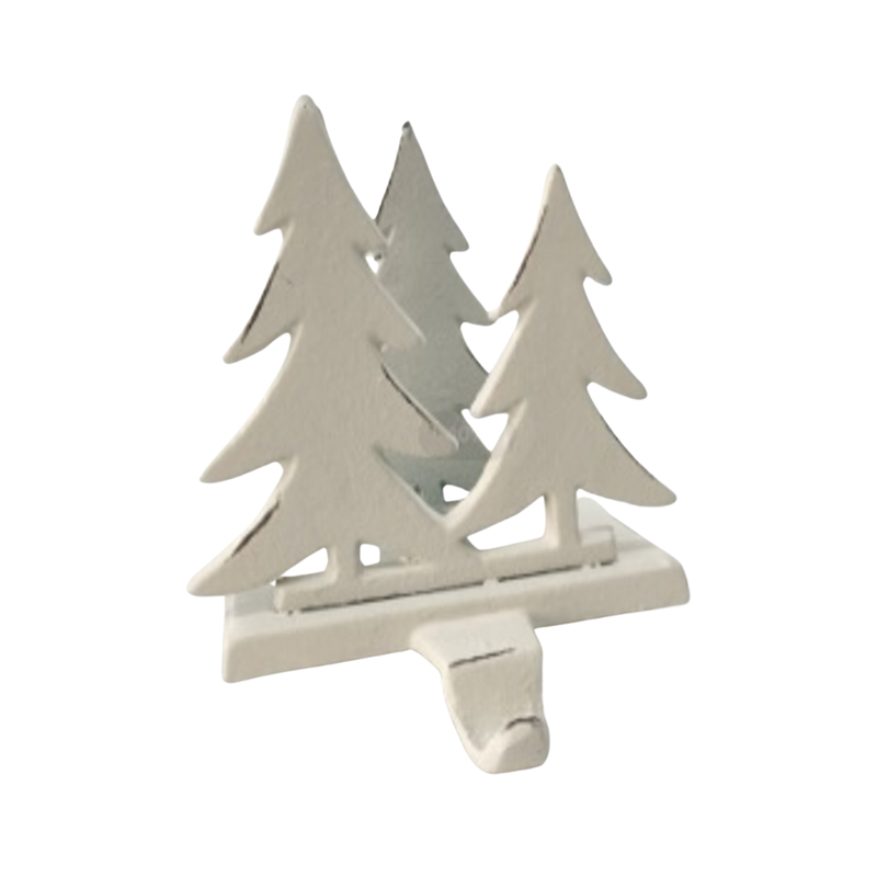 Cast iron stocking holder, trio of trees, antique white finish, 5x6 in  3