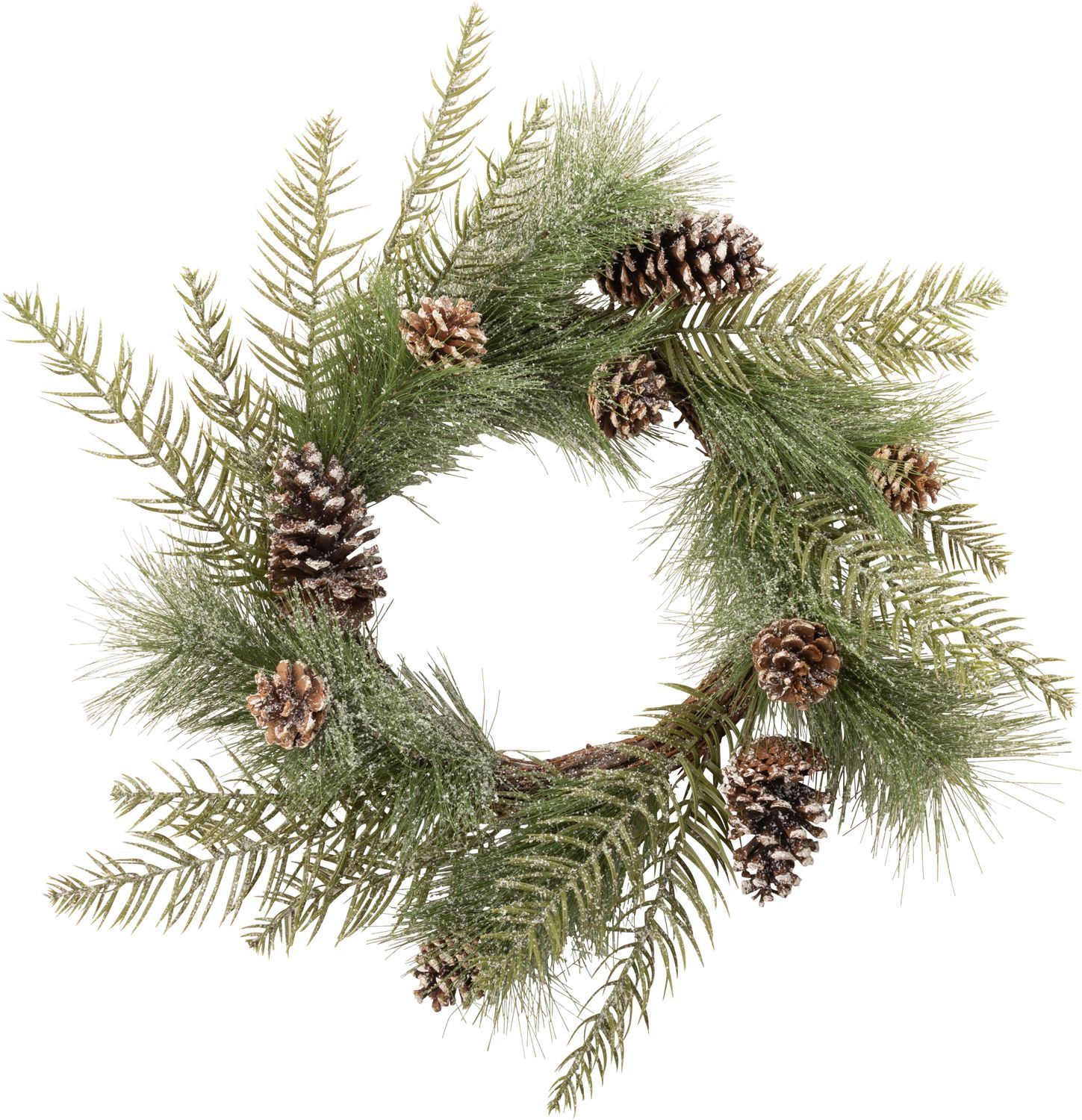 Faux frosted pine and natural pine cone wreath, willow base, 25 in   4